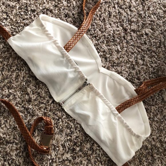 Akira M sexy wrap around crop top wrap around braided belt white/tan bra top - Picture 3 of 4